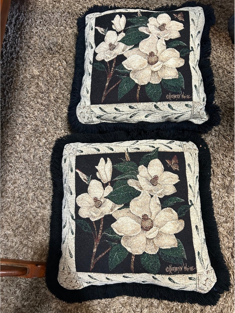 Pair of Johnny White Floral Decorative Throw Pillows with Black Fringe